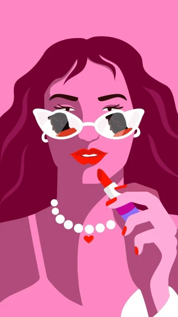 Illustration of a woman with pink skin and red lipstick, applying lipstick. She wears sunglasses and a pearl necklace with heart pendant.