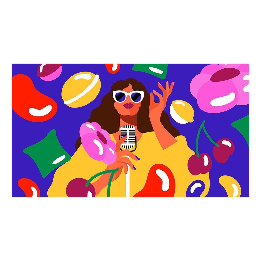 Colorful digital illustration of a woman singing into a vintage microphone surrounded by lemons, cherries, and flower shapes.
