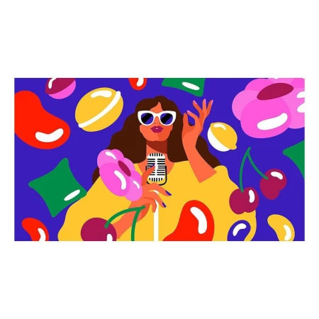Colorful digital illustration of a woman singing into a vintage microphone surrounded by lemons, cherries, and flower shapes.
