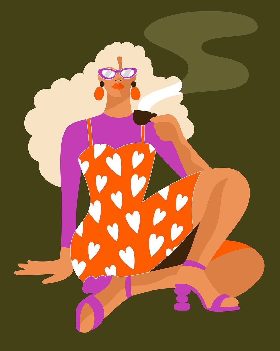 Illustration of a woman with blonde hair, wearing glasses and a patterned dress, sitting down and drinking from a dark cup.
