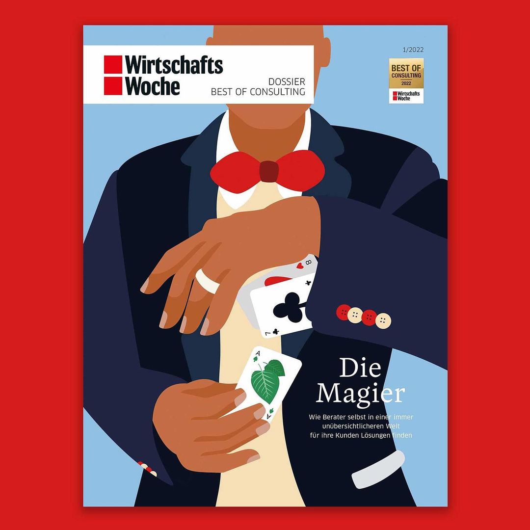 Illustrated magazine cover featuring a magician in a tuxedo performing card magic, against a light blue background with red accents.