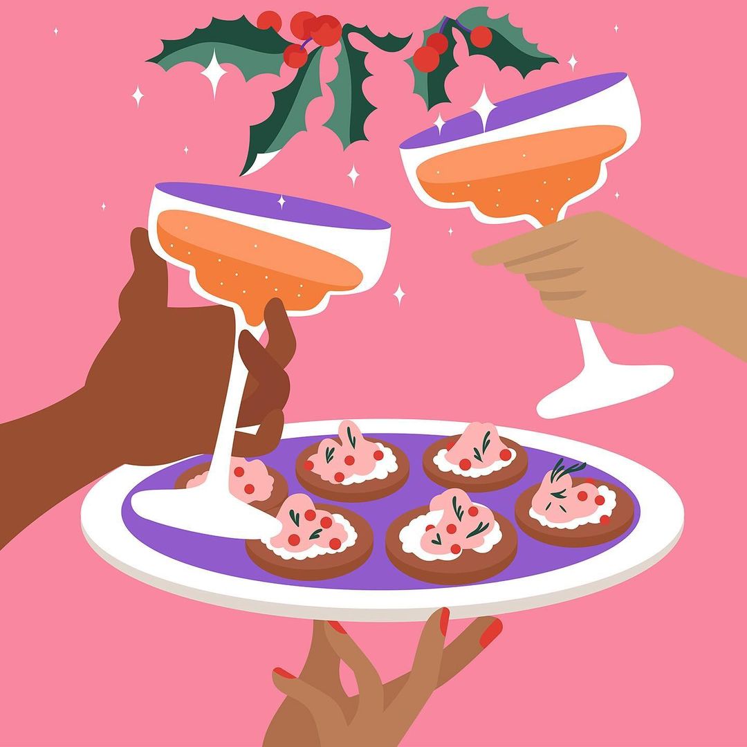 Illustration of two hands raising champagne glasses next to a tray of appetizers with holly in the background on a pink background.