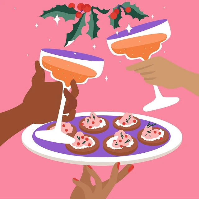 Illustration of two hands raising champagne glasses next to a tray of appetizers with holly in the background on a pink background.