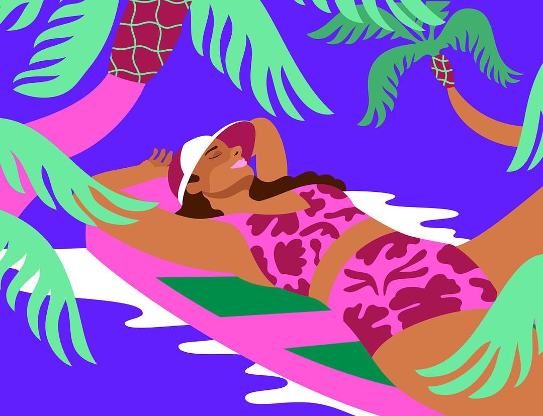 Illustration of a person in a swimsuit and sun hat relaxing on a beach with palm trees against a blue sky. Summer vacation theme.