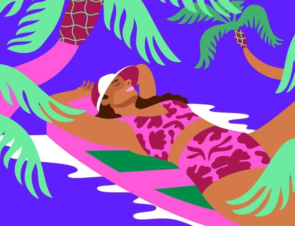 Illustration of a person in a swimsuit and sun hat relaxing on a beach with palm trees against a blue sky. Summer vacation theme.
