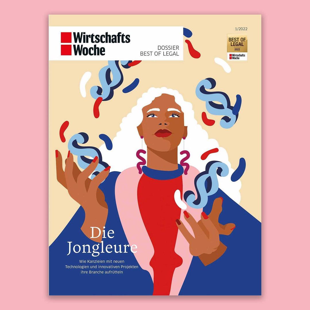 Magazine cover illustration of a person juggling paragraph symbols, with Wirtschaftswoche logo, Best of Legal award, on a pink background.