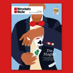 Illustrated magazine cover showing a person in a suit holding playing cards against a blue background.