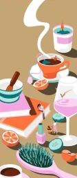 Illustrated vertical scene featuring miniature people relaxing among oversized everyday objects, coffee cups, and books.