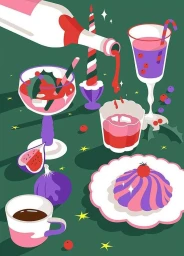 Digital illustration of a bottle pouring red liquid into glasses amidst cakes, fruits, and a striped candle on a dark green surface