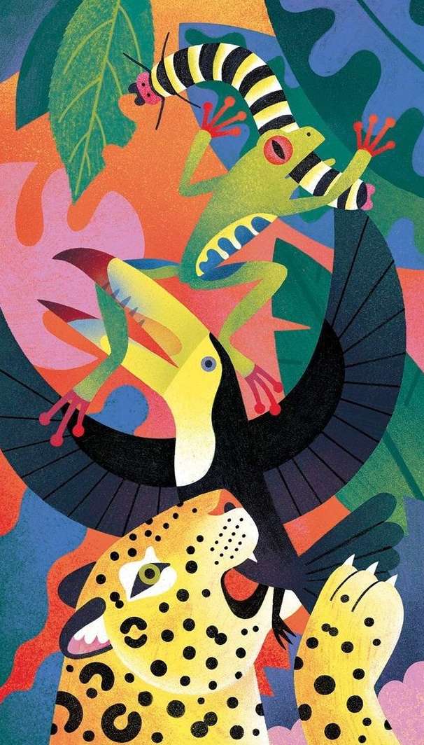 Illustration of a jaguar, toucan, frog, and caterpillar in a jungle setting with vibrant colors and a playful, cartoonish style.