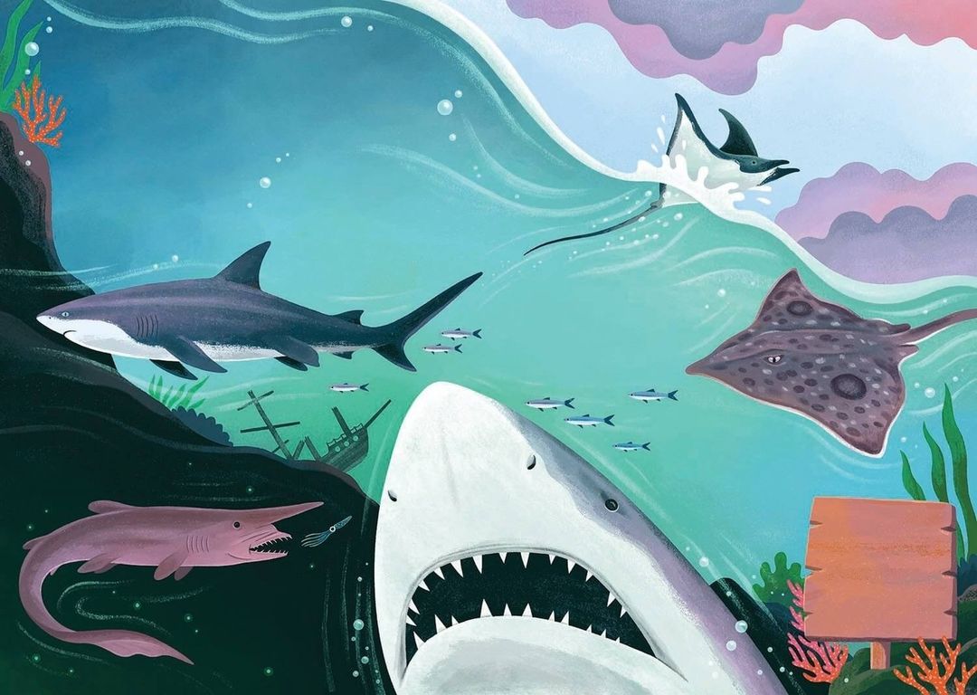 Underwater illustration of sharks, stingrays, small fish, and shipwreck; graphic marine life scene with various sea creatures, cartoon style.