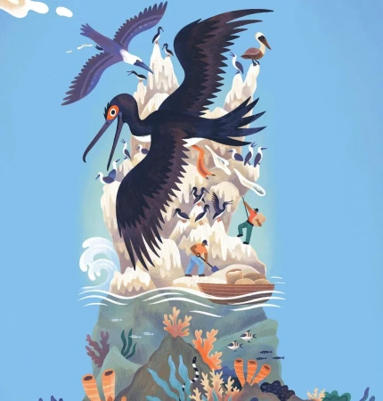Illustration of seabirds including pelicans, frigatebirds, and cormorants perched on a rocky island with people and underwater sea life.
