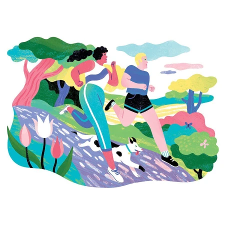 Colorful digital illustration of two runners and a dog along a winding path through a vibrant landscape by Kaley Mckean