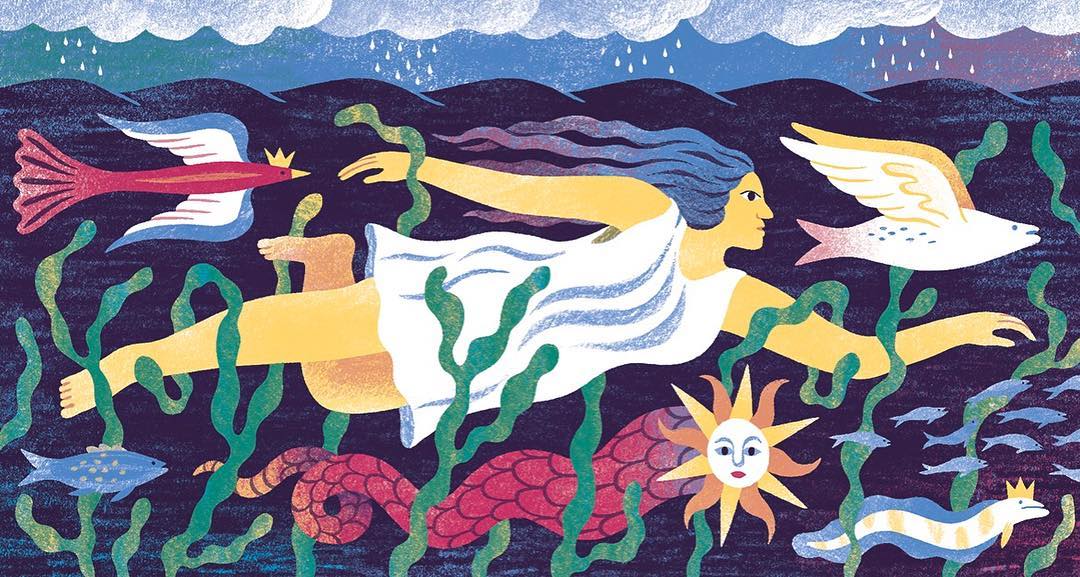 Illustration of a person swimming underwater, surrounded by fish, seaweed, and sea creatures, in a stylized, colorful composition.
