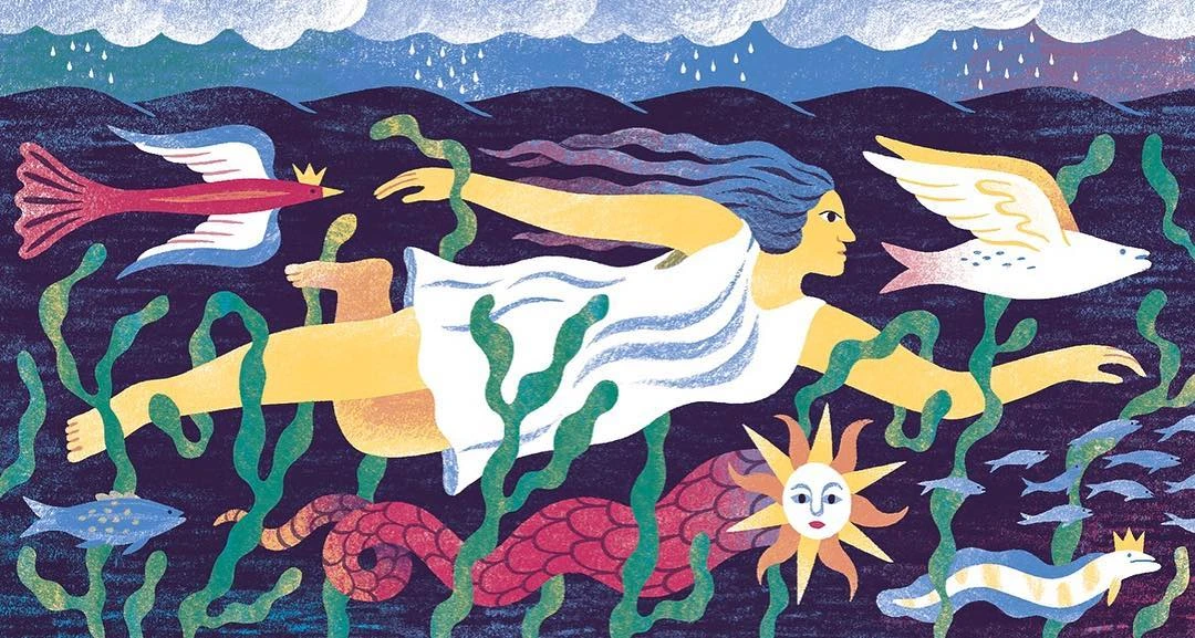 Illustration of a person swimming underwater, surrounded by fish, seaweed, and sea creatures, in a stylized, colorful composition.