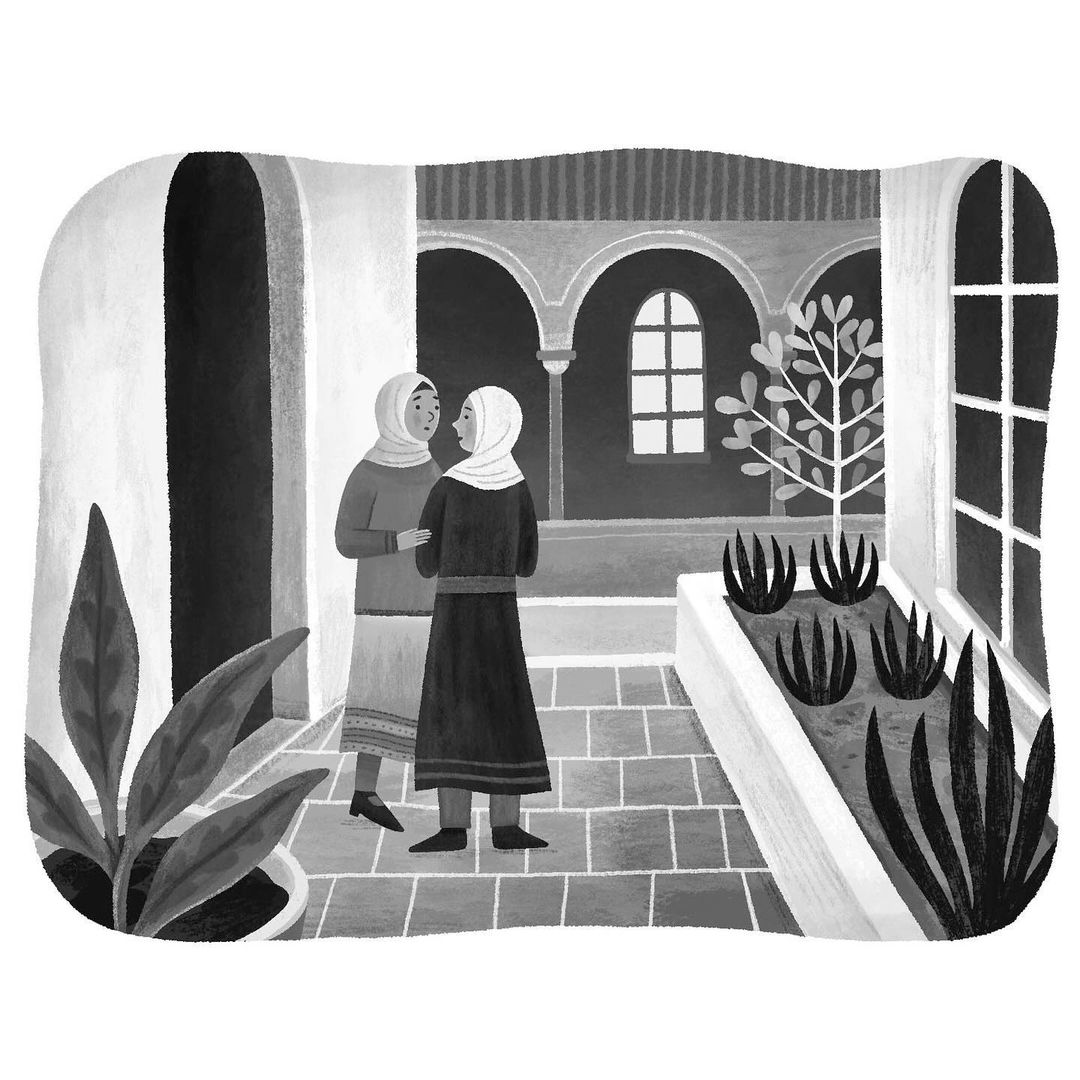 Illustration of two women in hijabs talking in a courtyard with plants and architectural details, depicted in grayscale.