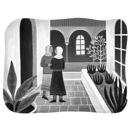 Illustration of two women in hijabs talking in a courtyard with plants and architectural details, depicted in grayscale.