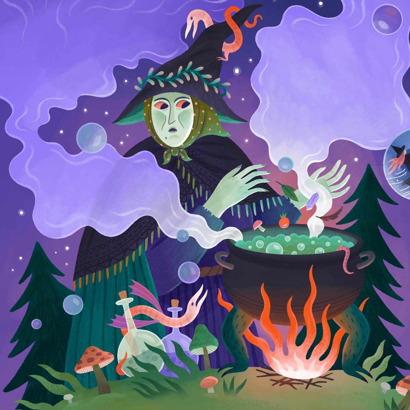 Illustration of a witch wearing a black hat and cape while stirring a potion in a cauldron over a fire, with trees and bottles in the background.