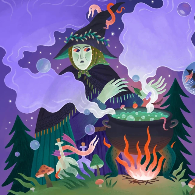 Illustration of a witch wearing a black hat and cape while stirring a potion in a cauldron over a fire, with trees and bottles in the background.