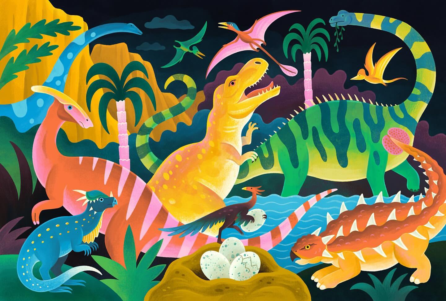 Vibrant illustration of various dinosaurs including Tyrannosaurus Rex, Brachiosaurus, Pterodactyls, and Ankylosaurus in a prehistoric landscape.