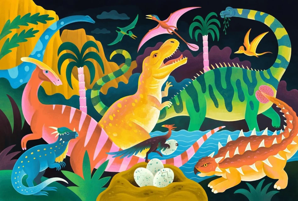 Vibrant illustration of various dinosaurs including Tyrannosaurus Rex, Brachiosaurus, Pterodactyls, and Ankylosaurus in a prehistoric landscape.