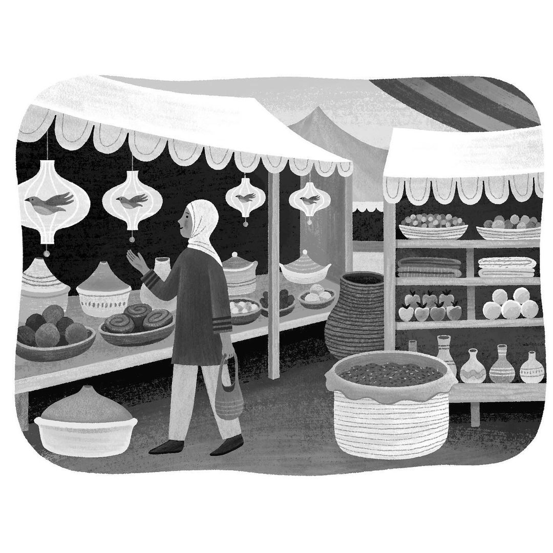 Illustration of a woman at an outdoor market, browsing goods under canopied stalls with hanging lanterns and various displayed items.