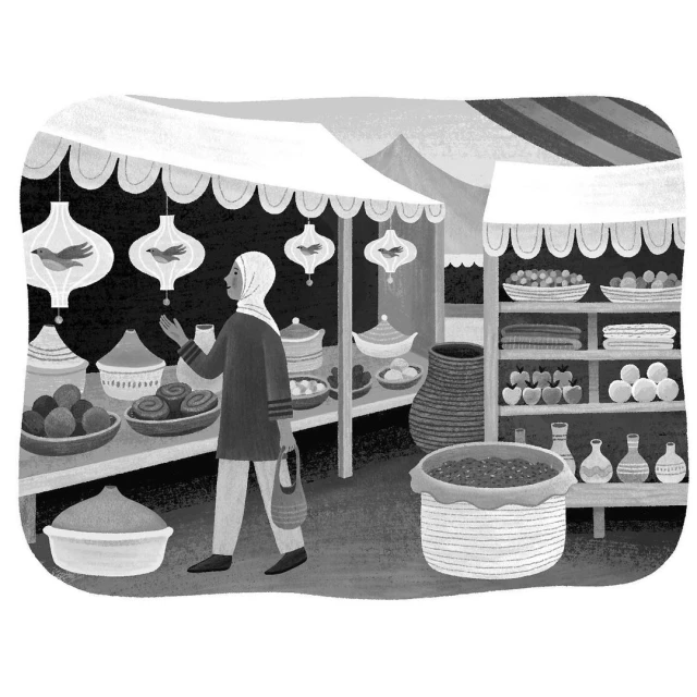 Illustration of a woman at an outdoor market, browsing goods under canopied stalls with hanging lanterns and various displayed items.