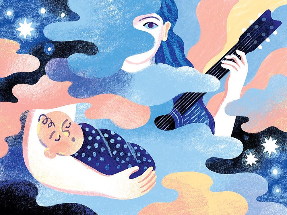 Illustration of a sleeping baby being cradled by an adult's arms, with another adult playing a guitar in a dreamy, celestial setting.
