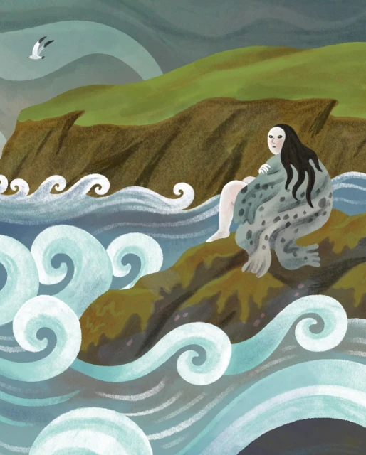 Illustration of a woman with seal-like features sitting on a rock by the ocean with waves and a seagull under a cloudy sky.