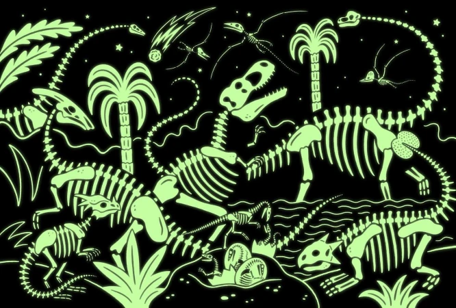 Illustration of glowing dinosaur skeletons, palm trees, and a shooting star on a black background evoking a prehistoric night scene.