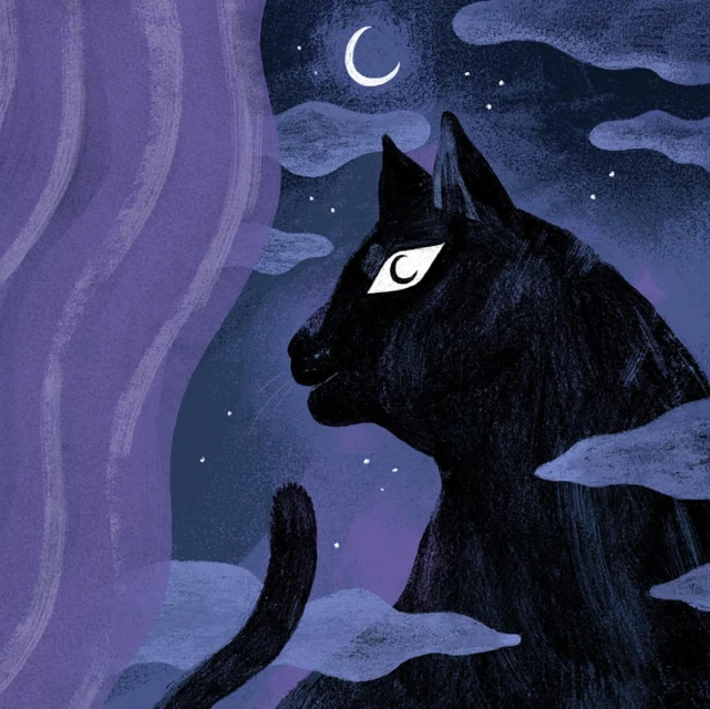 Illustration of a black cat's head in profile at night with clouds and a moon, painted with visible brush strokes in shades of purple and black.