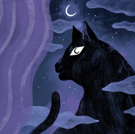 Illustration of a black cat's head in profile at night with clouds and a moon, painted with visible brush strokes in shades of purple and black.