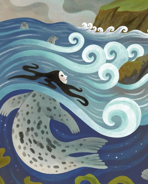Whimsical illustration of a seal with a woman's head emerging from the sea, rendered in shades of blue, green, and gray.