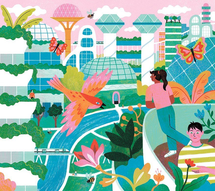 Whimsical illustration of futuristic city with flying bird, butterflies, bees, set among lush greenery, with two people in the foreground.