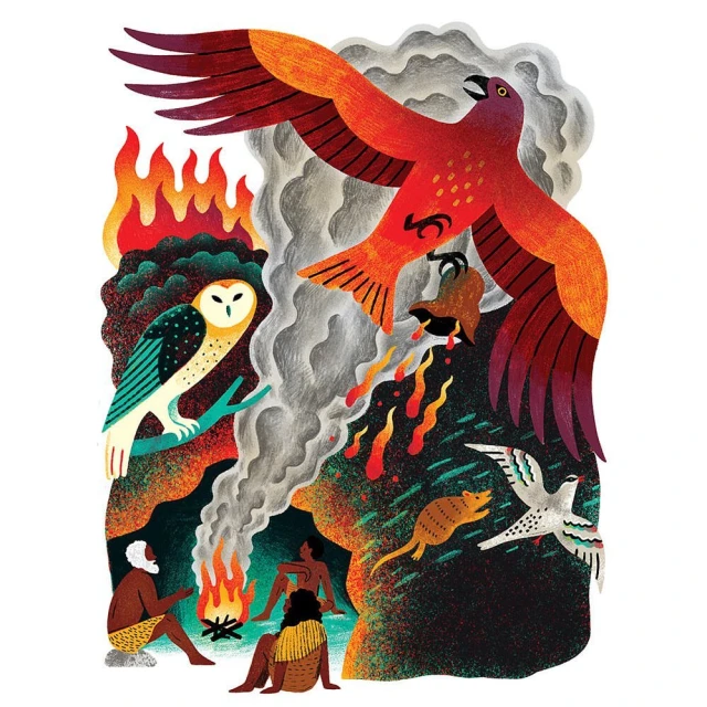 Illustration of a phoenix rising from flames, with figures around a campfire, an owl perched on a branch, and other birds and animals.