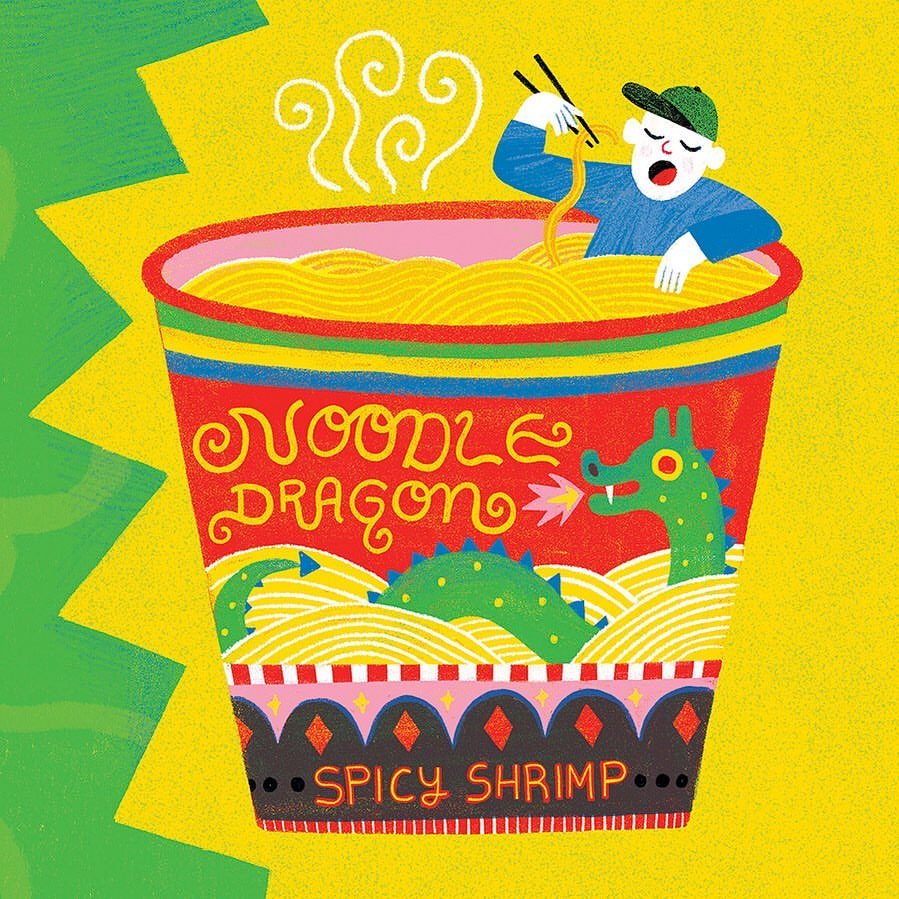 Illustration of a person eating noodles from a cup with a dragon on the cup, against a yellow background with jagged green edges.