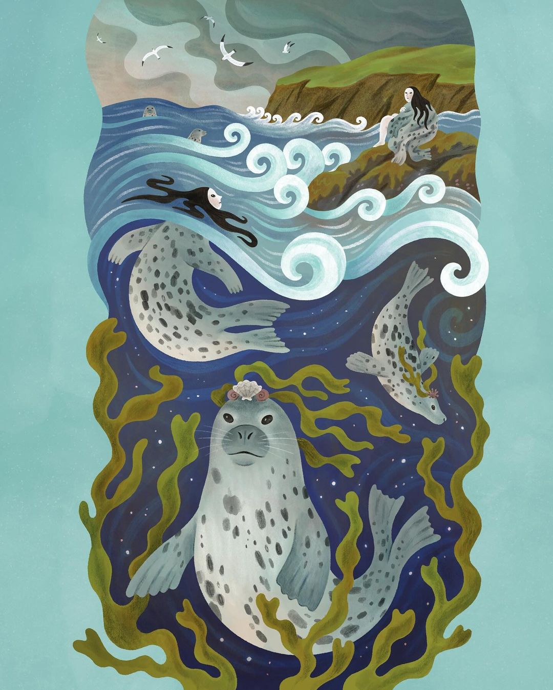 An illustration depicting seals swimming in the ocean with a woman on a rocky shore, rendered in a whimsical, colourful style with surreal elements.