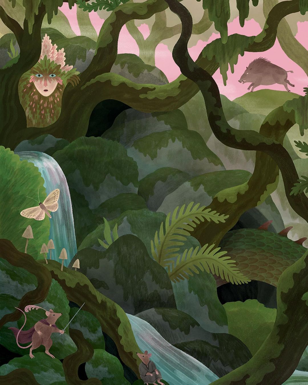 Fantasy illustration in a forest setting featuring forest creatures, a waterfall, and a wild boar with a pink sky in the background.