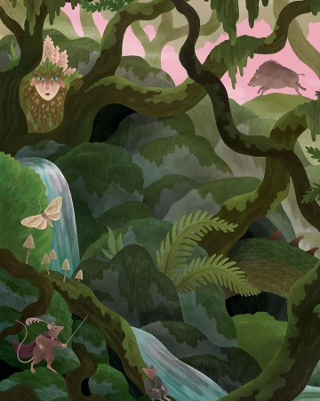 Fantasy illustration in a forest setting featuring forest creatures, a waterfall, and a wild boar with a pink sky in the background.