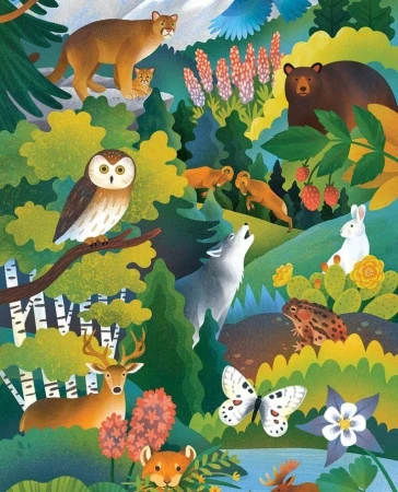 Illustration of a diverse wildlife scene featuring a mountain lion, bear, owl, deer, wolf, butterflies, and other animals in a lush forest.