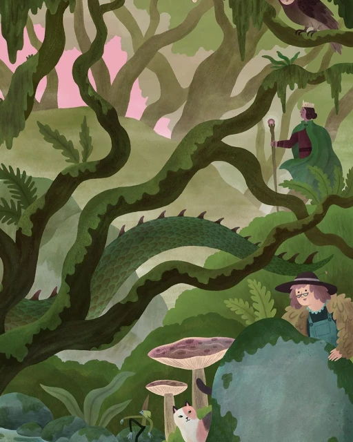 Illustrated fantasy forest scene with a dragon, wizard, child, cat, owl, and mushroom toadstools in a lush green environment.