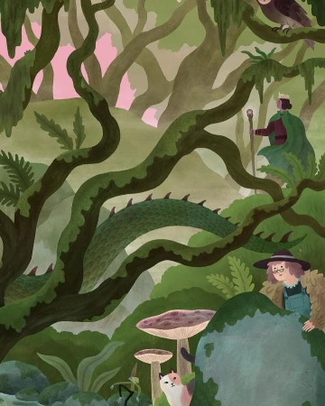 Illustrated fantasy forest scene with a dragon, wizard, child, cat, owl, and mushroom toadstools in a lush green environment.