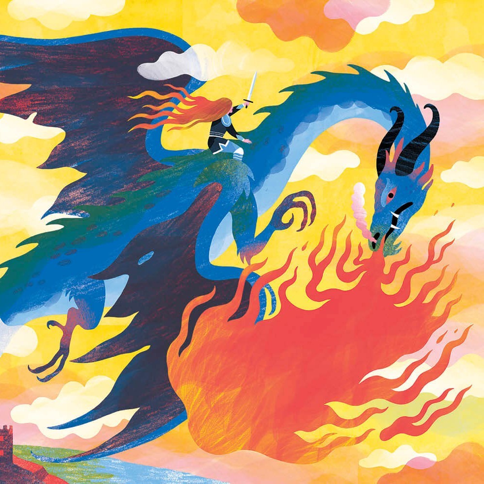 Illustration of a red-haired person riding a blue dragon, holding a sword, with flames, set against a yellow sky with pink clouds.