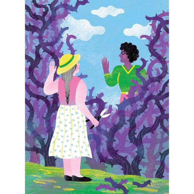 Illustration of two women meeting in a garden with purple thorny bushes under a blue sky with white clouds, one holding garden shears.