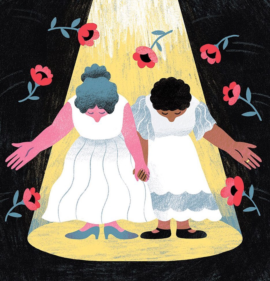 Illustration of two women holding hands on a stage under a spotlight, wearing white dresses, surrounded by red flowers on a black background.