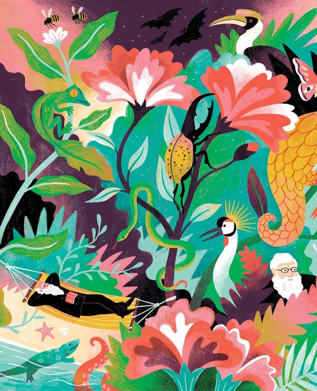 Illustration features a man in a hammock surrounded by tropical plants, flowers, and wildlife like bees, lizards, birds, and bats.