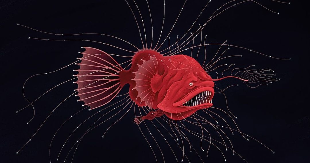 Illustration of a vibrant red fangtooth fish with glowing lures against a dark background, showcasing a fantastical deep-sea creature design.