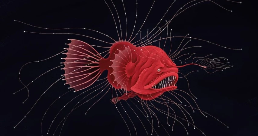 Illustration of a vibrant red fangtooth fish with glowing lures against a dark background, showcasing a fantastical deep-sea creature design.