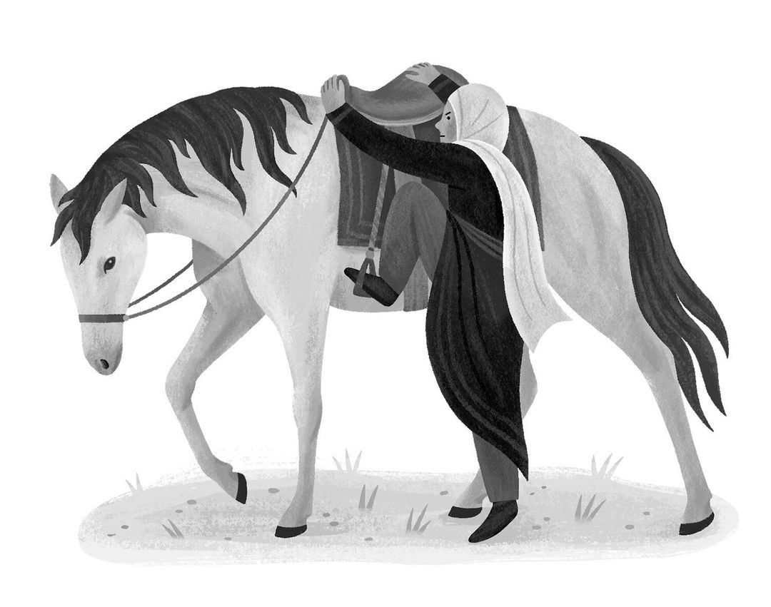 Illustration of a woman in traditional dress mounting a white horse in a stylized outdoor setting, rendered in monochrome.