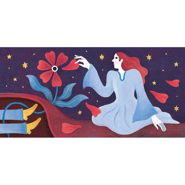 Stylized illustration of a woman with red hair in a blue dress next to an oversized flower with floating petals and legs.